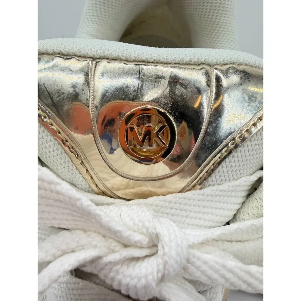Michael Kors Sneakers White Gold Logo Lace Up Women's Size 11M Leather